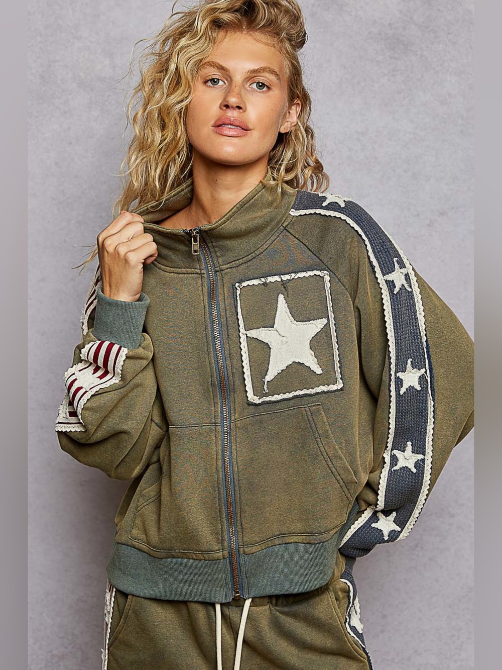 POL Olive Star Patch Zip-Up Jacket